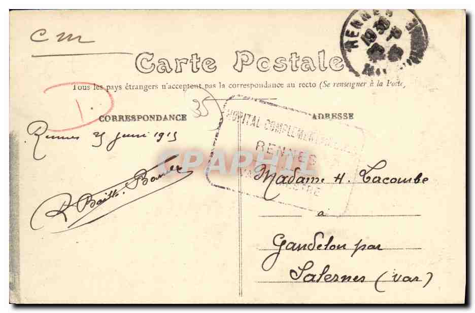 CPA Rennes Hopital Millitaire numero 1 Militaria Lycee — Rückseite