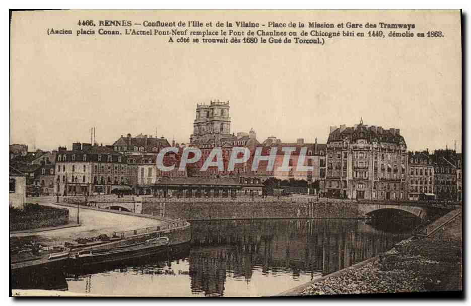 CPA Rennes Confluent de l Ille et de la villaine Place de la mission et gare des tramways