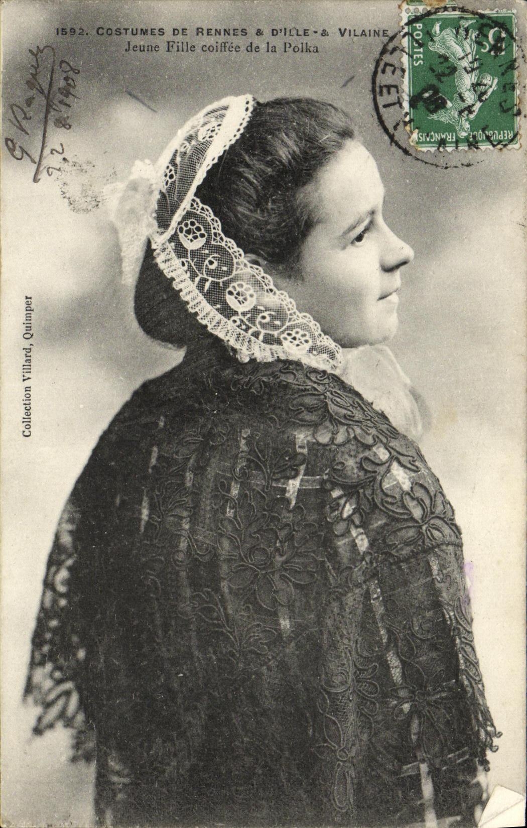 Jeune Fille coiffée de la Polka — Costumes de Rennes & d'Ille & Vilaine — Collection Villard, Quimper