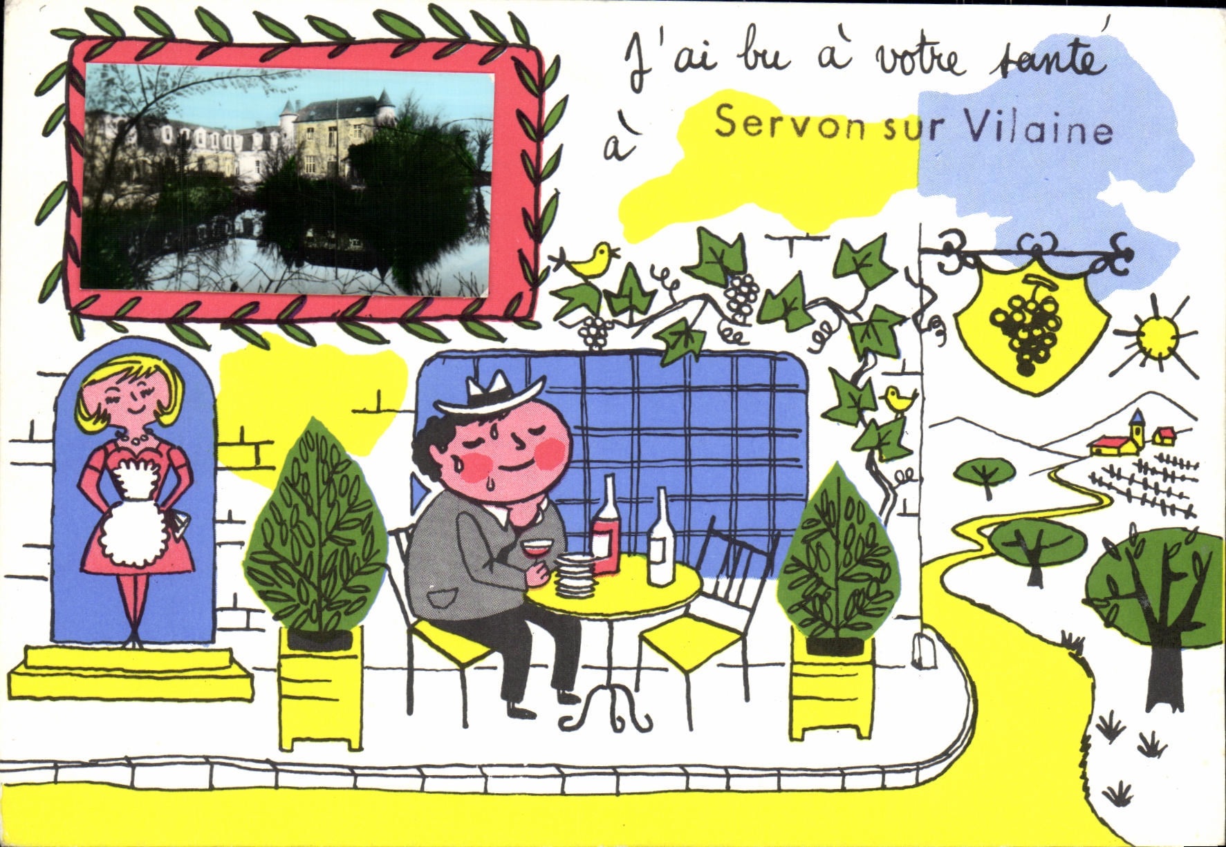 Servon-sur-Vilaine — scène de café avec château — éditeur non identifié