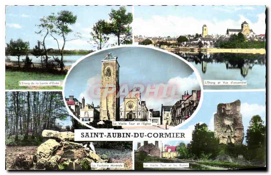 Saint-Aubin-du-Cormier — vue panoramique avec étang, tour, église et ruines — Éditions Artaud & Fils, Nantes