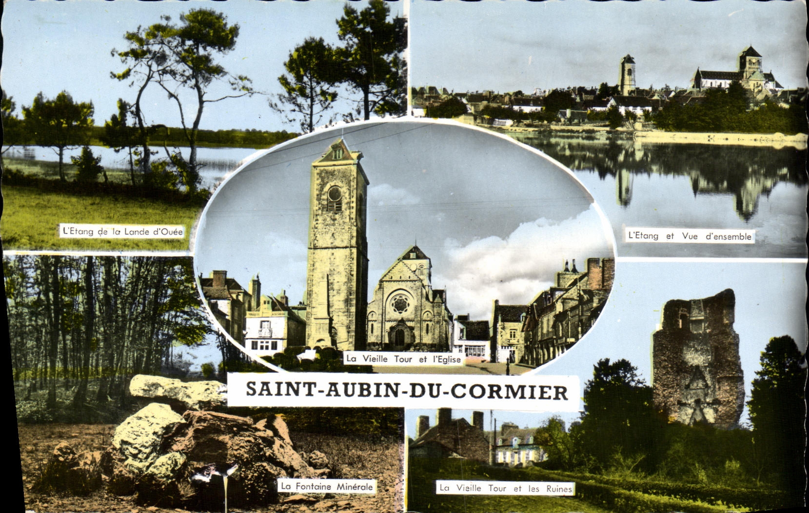 Saint-Aubin-du-Cormier — Vue panoramique avec l'étang, la vieille tour, l'église et les ruines — Éditions Gaby