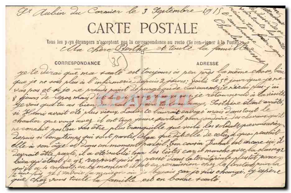 CPA St Aubin Du Cormier La poste et la rue des Douves — Verso