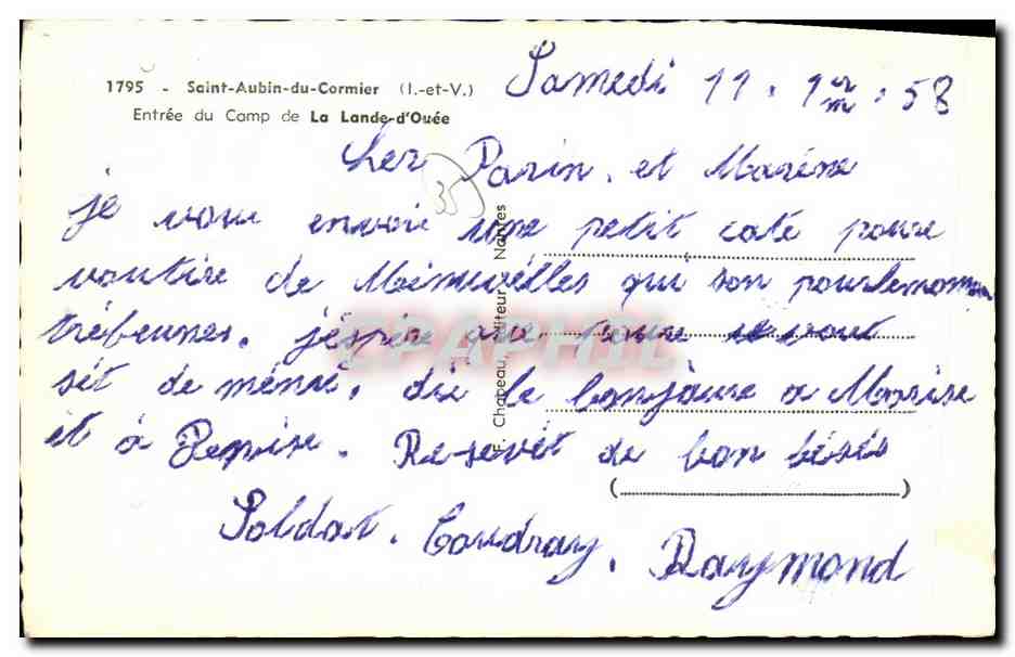 Centre d'Instruction 44 R.I. — entrée du camp — éditeur Rosy — Verso