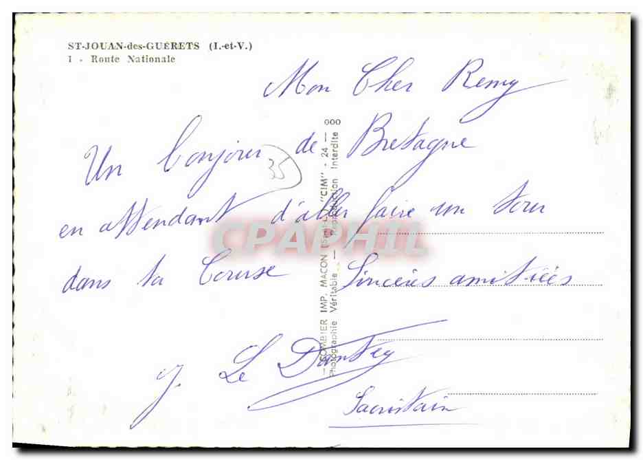 St-Jouan-des-Guerets — Rue principale avec boutique E. Allain — Photographie de J. Le Dantey — Verso