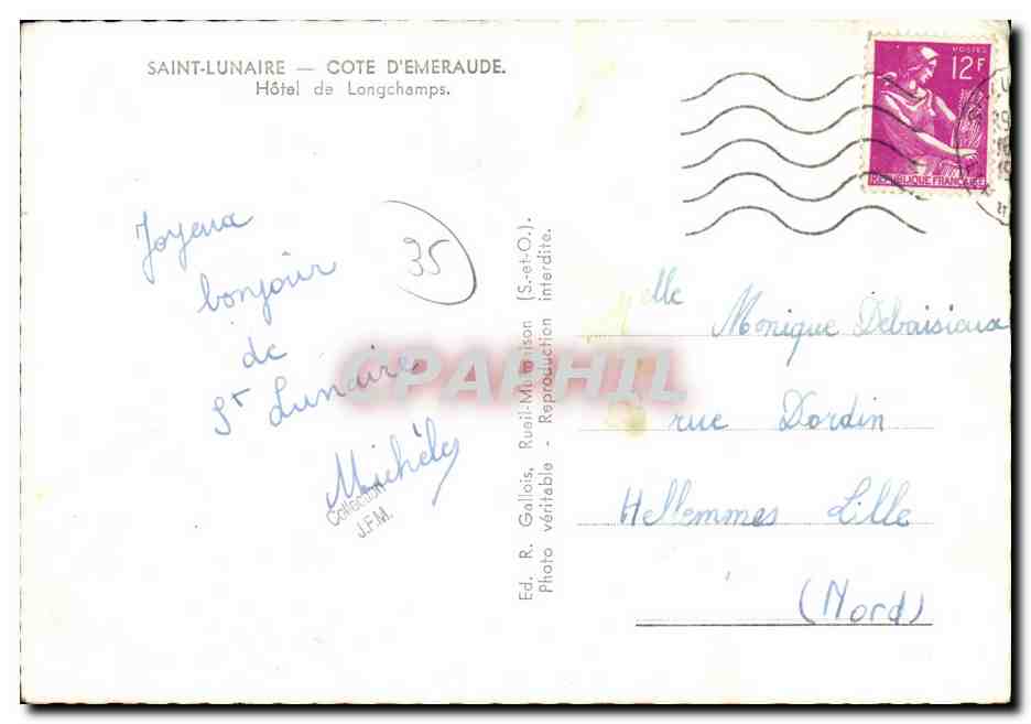 Hôtel de Longchamps — Saint-Lunaire, Côte d'Émeraude — Éd. R. Gallais, Rueil-Malmaison — Verso