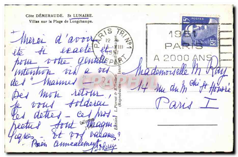 CPM St Lunaire Villas sur la Plage de Longchamps — Verso