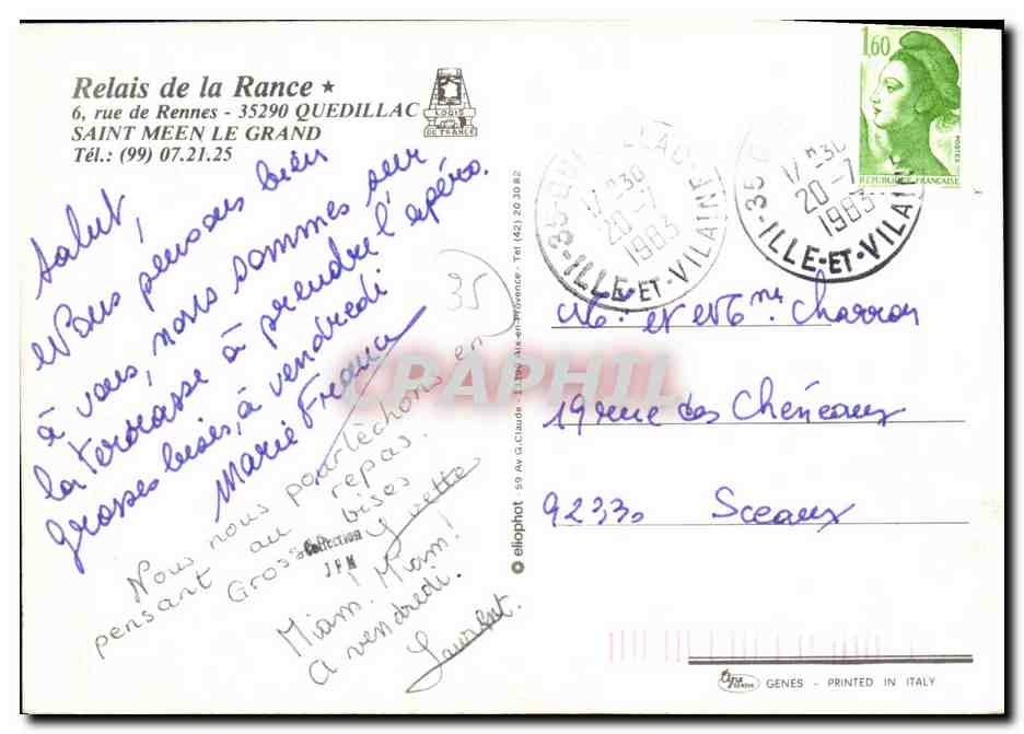 Hôtel-Bar Relais de la Rance — Saint-Méen-le-Grand — éditeur CPAPHIL — Verso
