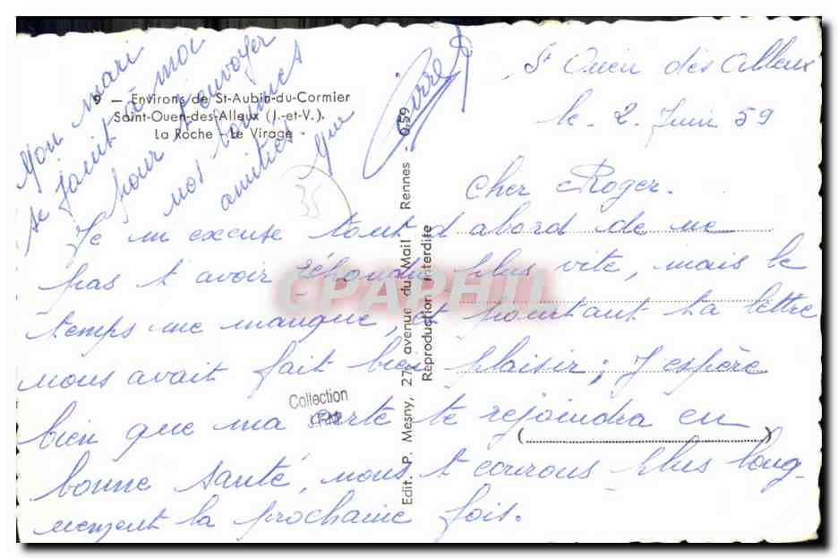 Vue du virage à Saint-Ouen-des-Alleux (Loire-Atlantique) — éditeur Edit. P. Mesny, Rennes — n° 059 — Reverso
