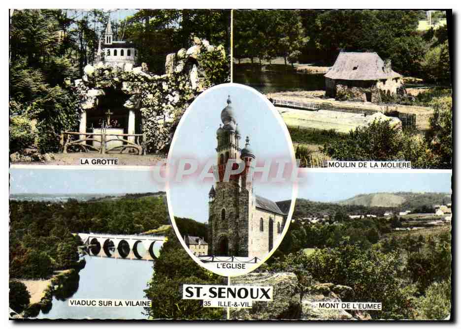 St-Senoux — La Grotte, l'Église, le Viaduc sur la Vilaine, le Moulin de la Molière — Imprimeur J.F.M. - 35 Ille-et-Vilaine