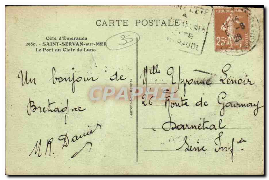 Saint-Servan-sur-Mer — Le Pert au Clair de Lune — Côte d'Émeraude, éditeur inconnu, n°35 — Rückseite