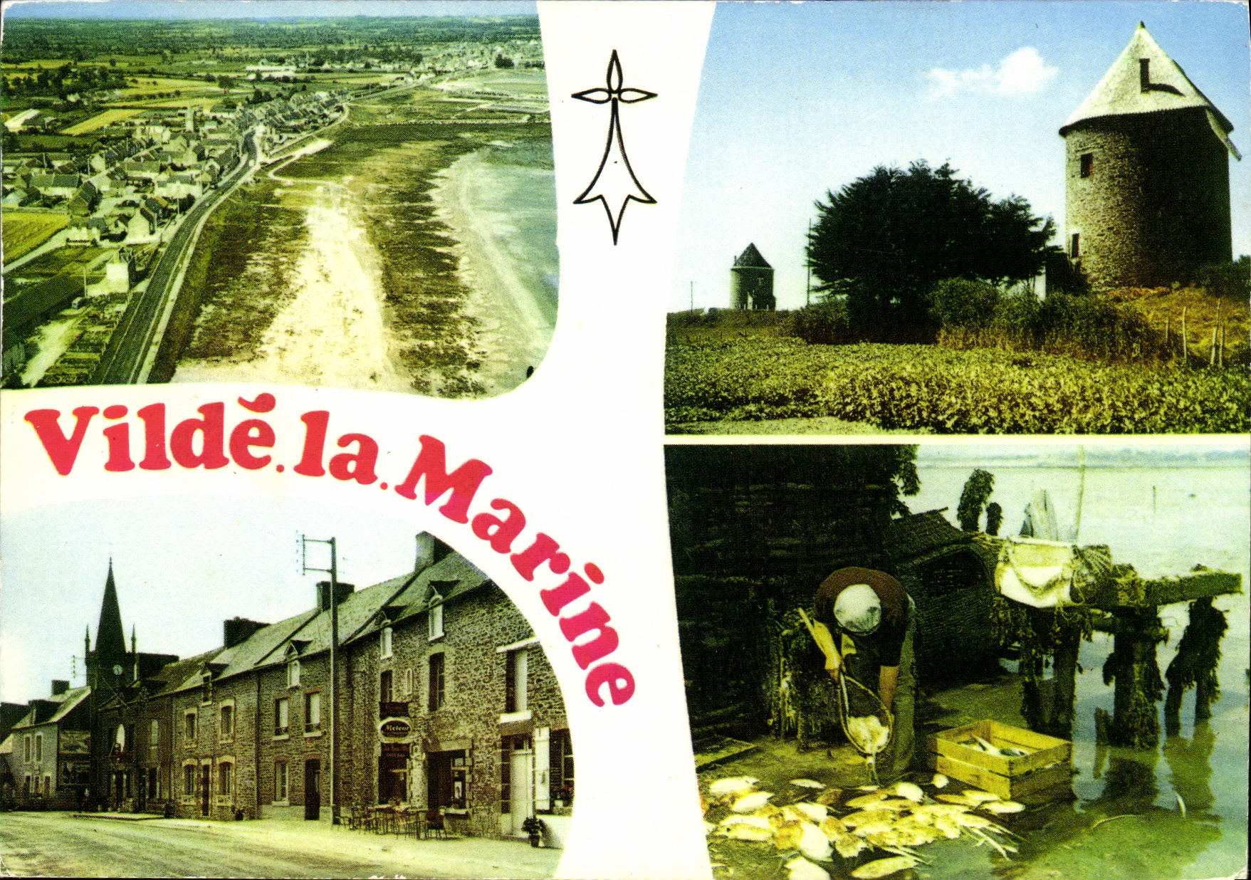 Vildé-la-Marine — vue aérienne, moulin à vent, rue et pêcheurs — Éditions Artaud & Cie - Anverso