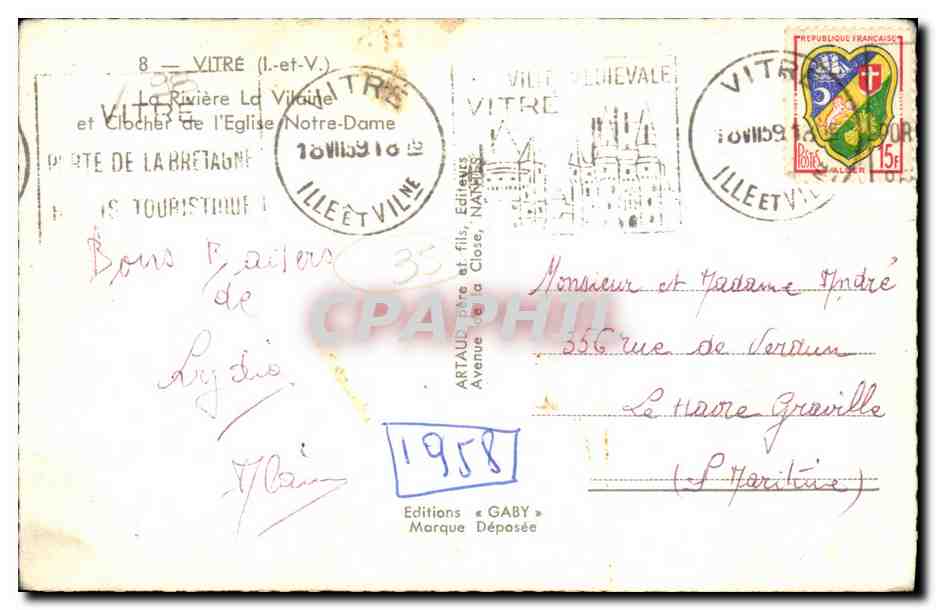Vitré (Ille-et-Vilaine) — Rivière La Vilaine et clocher de l'Église Notre-Dame — Éditions Gaby — Verso