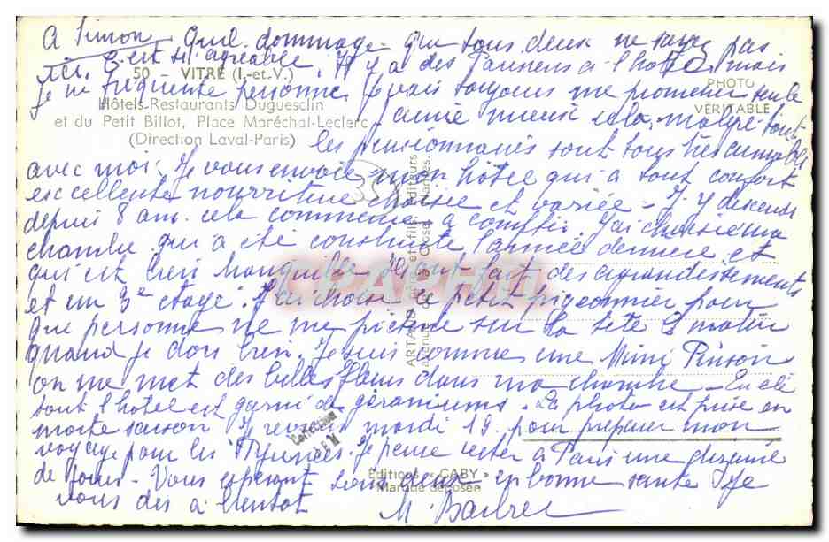 Hôtel Duguesclin et Hôtel du Petit Billot — Vitre (Loir-et-Cher) — Édition Gaby — Verso