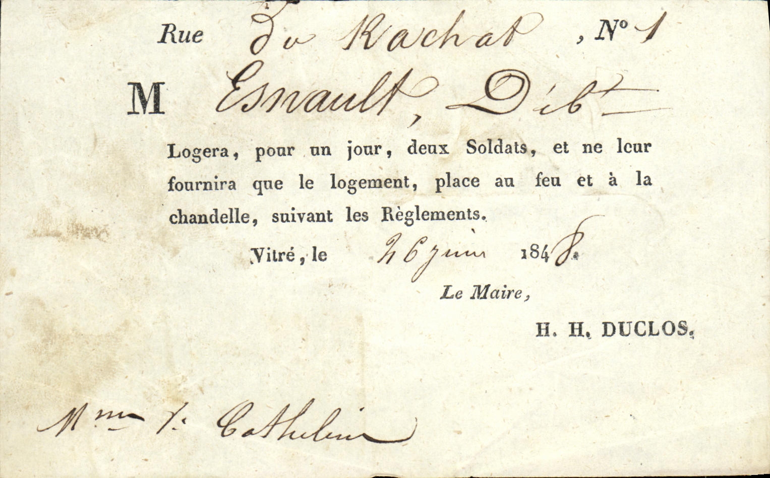Document historique M Esnault logera deux soldats Rue du Rachat Vitre Ile et Villaine 26 juin 1848 Suclos 