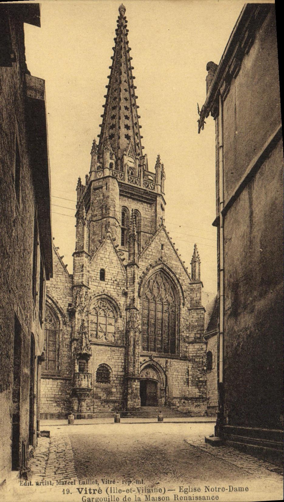 Vitré (Ille-et-Vilaine) — Church of Notre-Dame, view of the tower and Gothic façade — Artist's Edition Marcel Laillet, Vitré