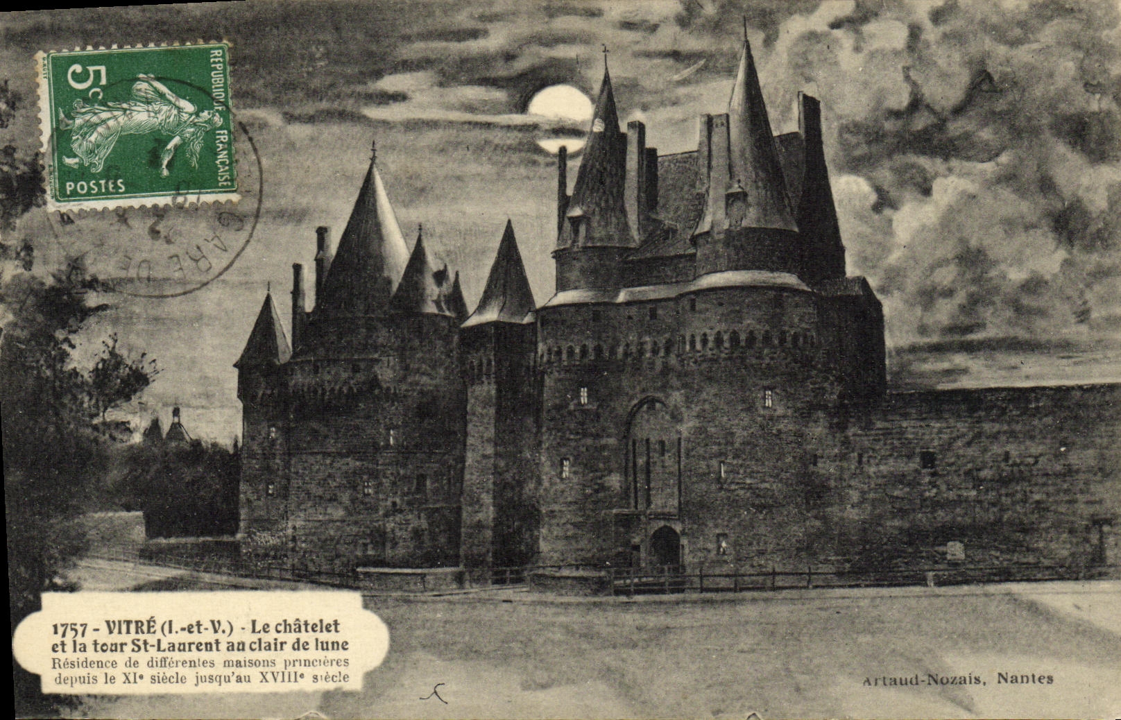Vitré (Il-et-V.) - Le châtelet et la tour Saint-Laurent au clair de lune — Artaud-Nozais, Nantes