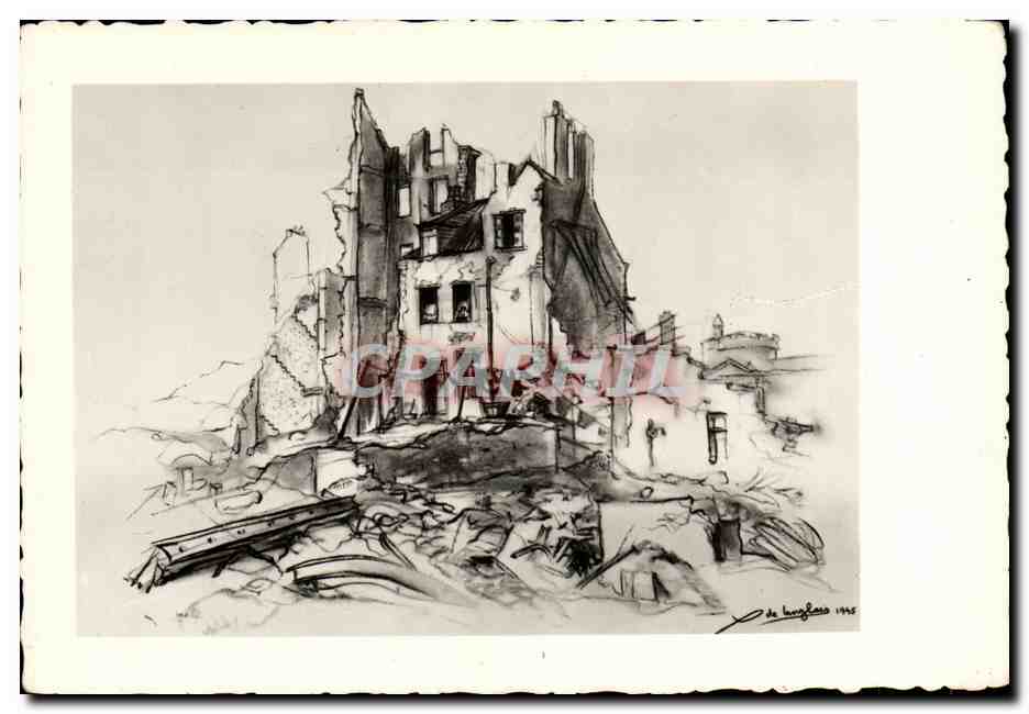 Ruines d'un bâtiment — dessin de de Lorglano 1945 — Édition MESNY Rennes - Anverso