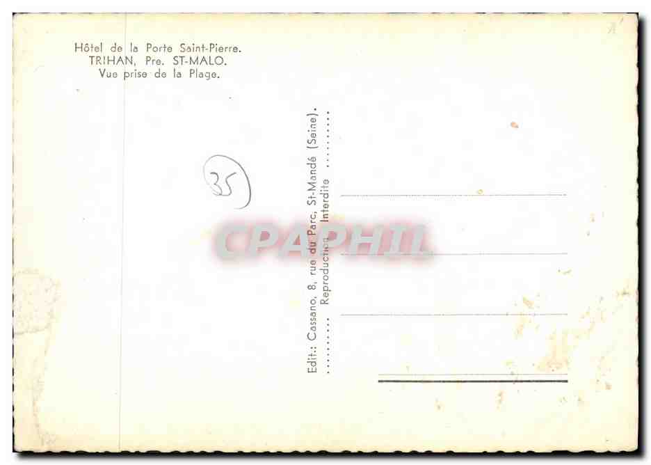 Hôtel de la Porte Saint-Pierre — Trihan, pré Saint-Malo — éditeur Cassano, 8 rue du Parc, St-Mandé — Verso