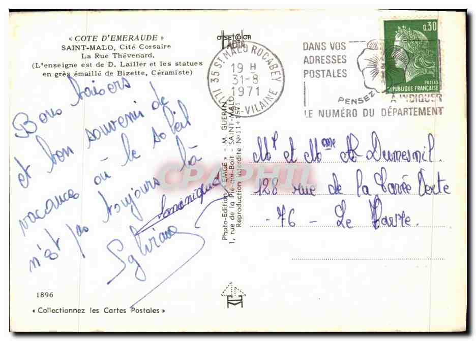 Saint-Malo — Côte d'Émeraude — statue in gres smaltato di Bizette — Photo-Édition Gueïat — Verso