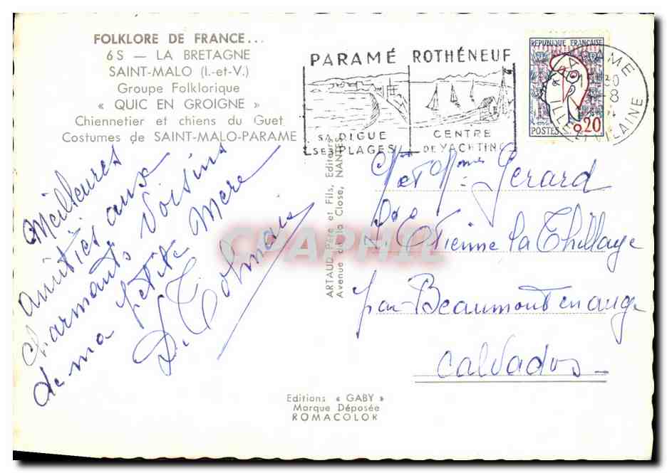 Cartolina moderna Saint Malo Gruppo Folklorico Quic en Groigne Cane da Guardia e Cani da Guerra Costumi di Saint Malo Parame — Verso