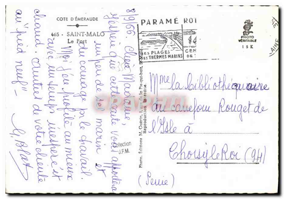 Port de Saint-Malo — vue des bateaux et du fort — Éditeur Paramé Roi, n° 465 — Verso