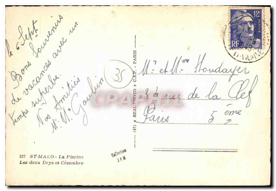 St-Malo — La Piscine — Les Deux Ecs et Cézembre — éditeur Real Photo & Cie, n° 227 — Verso