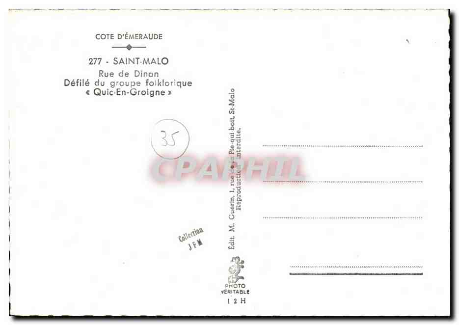 Défilé du groupe folklorique « Quic-En-Groigne » — Saint-Malo — Éditeur JEM, n°277 — Reverso