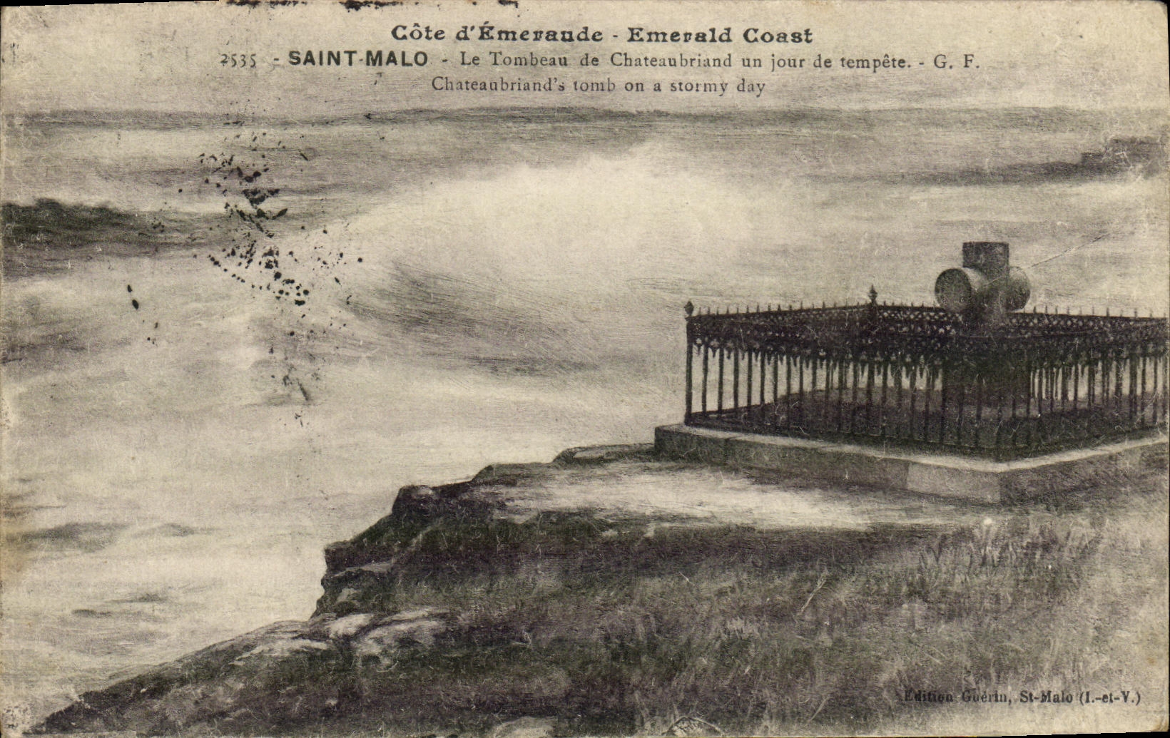 Côte d'Émeraude - Emerald Coast - Le Tombeau de Chateaubriand un jour de tempête - Édition Guérin, St-Malo (L.-st-Y.)
