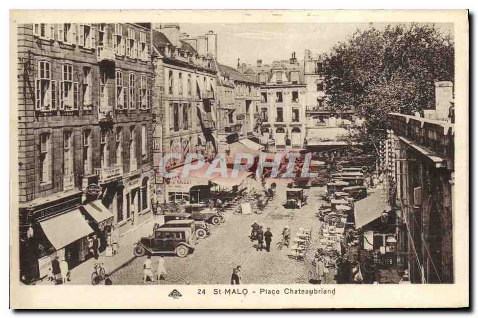 St-Malo - Place Chateaubriand — vue de marché avec voitures anciennes — éditeur A. G. (n° 24)