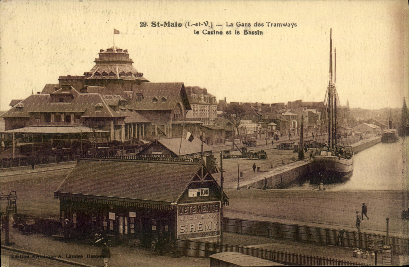 St-Malo (I.-et-V.) — La Gare des Tramways, le Casino et le Bassin — Édition A. Lamiré, Rennes