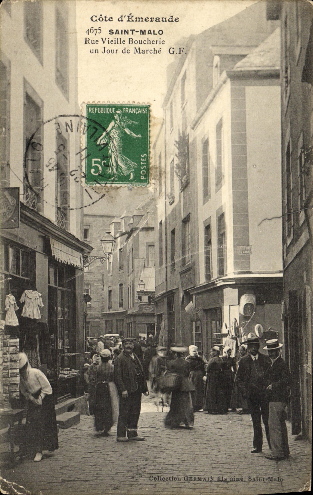 Tarjeta postal antigua Saint Malo Rue Vieille Boucherie Un Día de Mercado