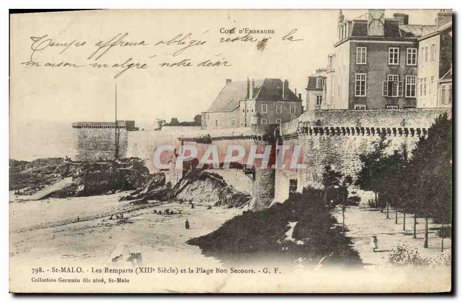 St-Malo - Les Remparts (XIIIe Siècle) et la Plage Bon Secours - G. F.