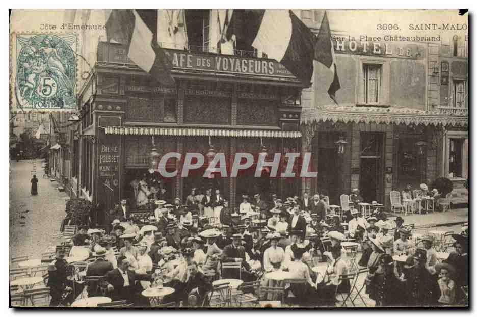 Tarjeta postal antigua Saint Malo Place de Chateaubriand Cafe des Voyageurs