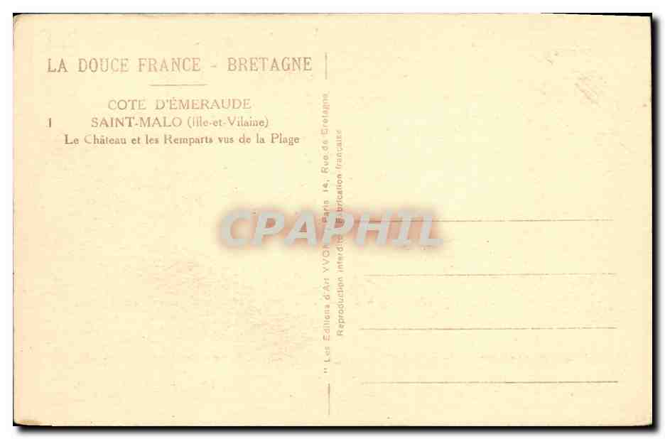 Saint-Malo — Le Château et les Remparts vus de la Plage — Éditions d'Art VVCH, Paris — Verso