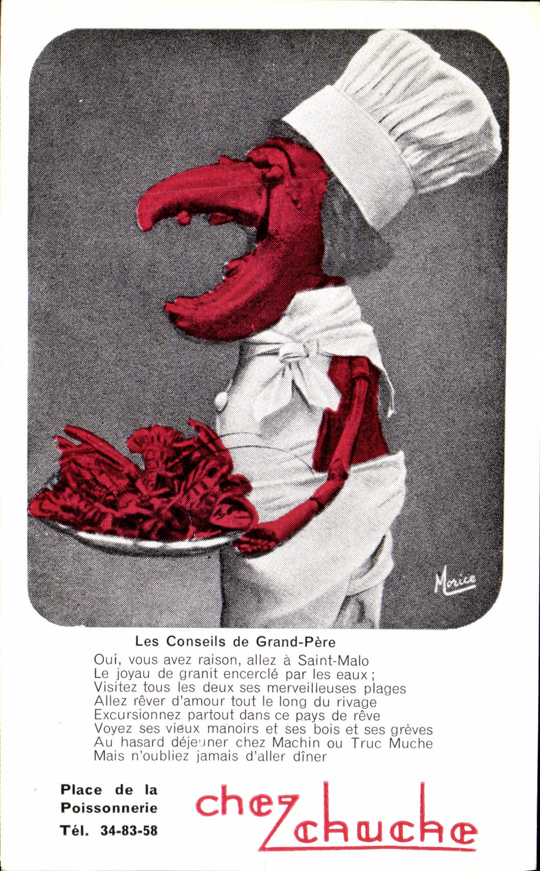 Lobster cuisinier — publicité pour la poissonnerie 'chez Zchuche' à Saint-Malo — dessin de Morice
