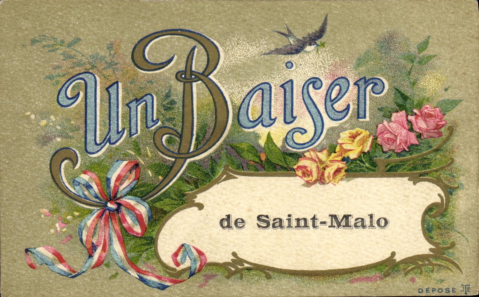 Un Baiser de Saint-Malo — carte postale décorative avec oiseau et roses — éditeur J.B. ALLAUX, n°35 - Recto