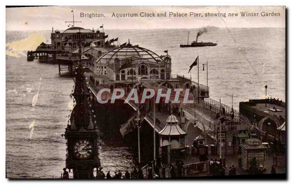 CPA Brighton Aquarium Clock and Palace Pier showing new Winter Garden