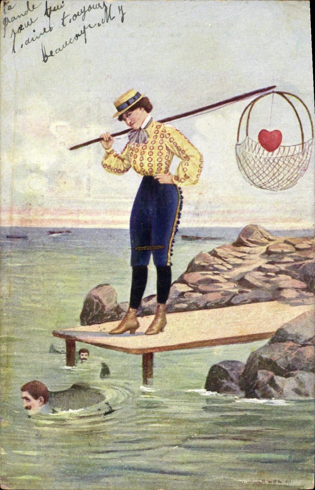 Donna in abito da pescatore su un pontone — editore M. Ettinger & Cie, serie 430 — Londra