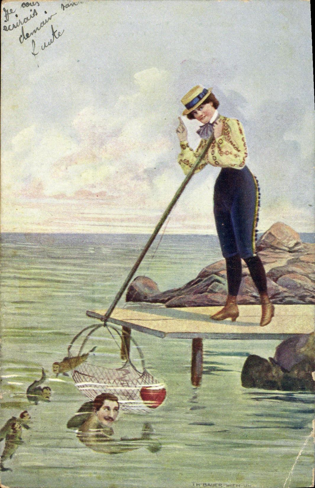 Femme pêchant avec un filet — TH BAUER — série 4286-1