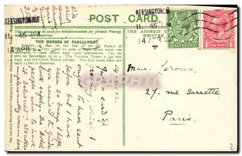 CPA London Houses of Parliment  — Verso