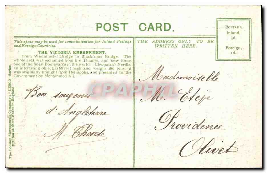 CPA London Thames Embankment Bateau — Back