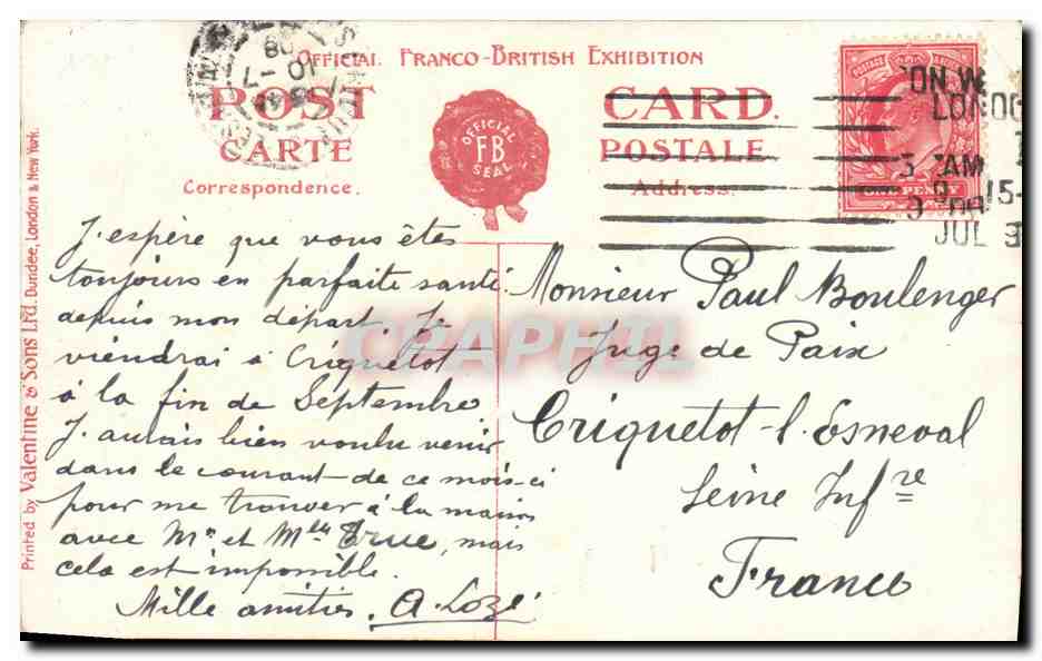 CPA London In Court of Honour Franco British exhibition 1908 — Rückseite
