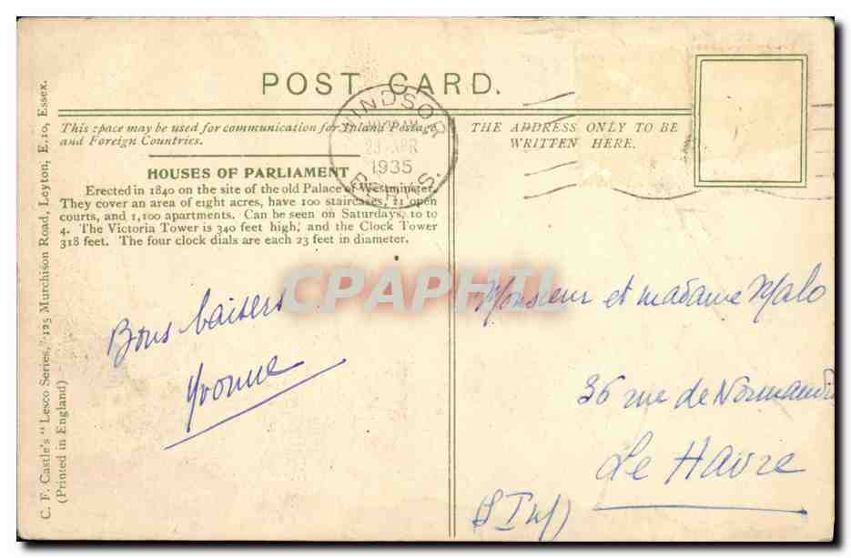 CPA London Clock Tower And Houses of Parliament — Verso