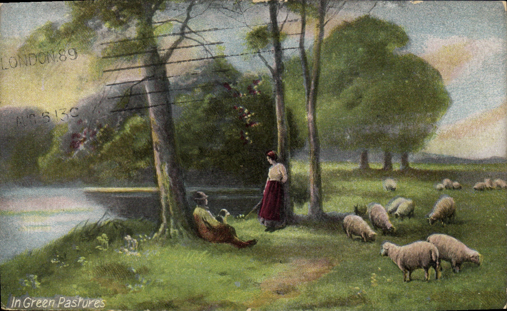 In Green Pastures — scène pastorale avec berger et moutons — Published by J.W.B. England, Series No 317