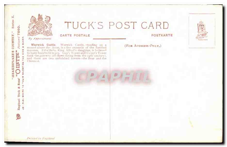 CPA Warwick Castle — Rückseite