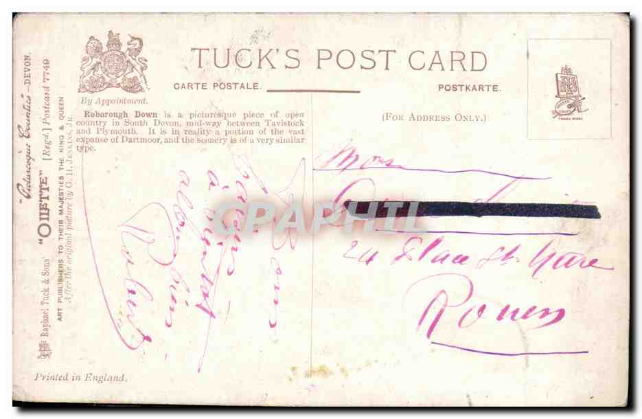 Roborough Down — Devon — Tuck's Post Card N°7749 — Verso