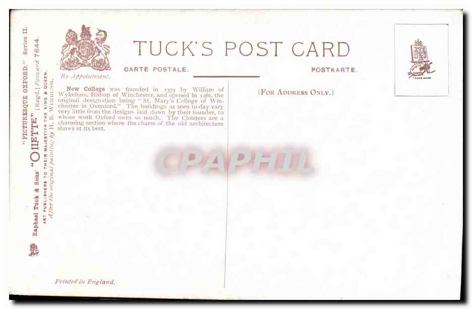 Oxford - The Cloister & Tower, New College — Tuck's Post Card, série 7644 — Rückseite