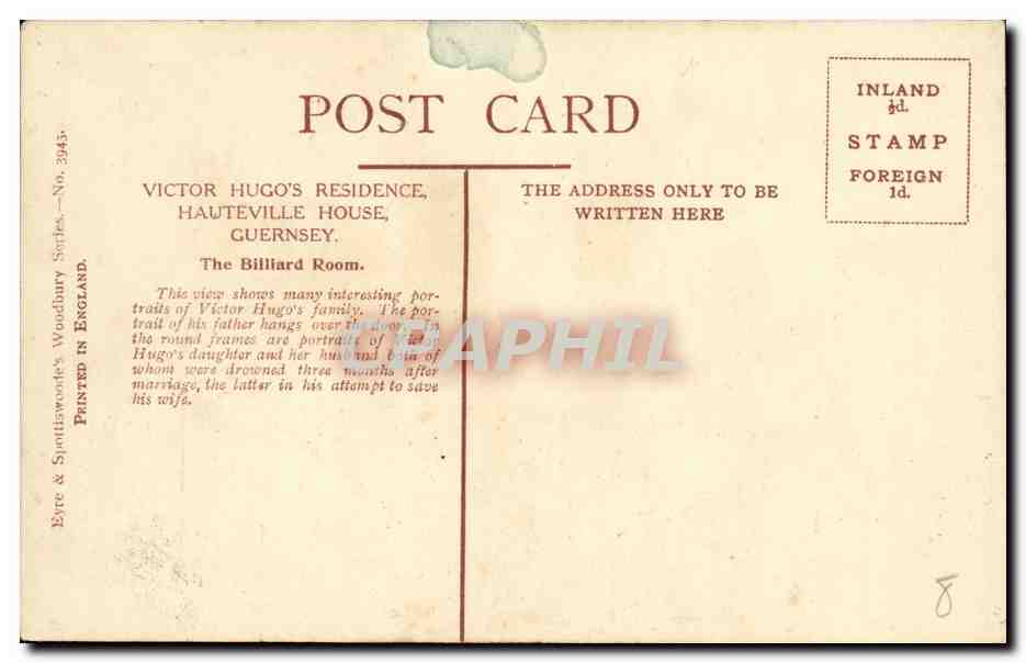 CPA Guernsey The billard room Victor Hugo s residence  — Rückseite