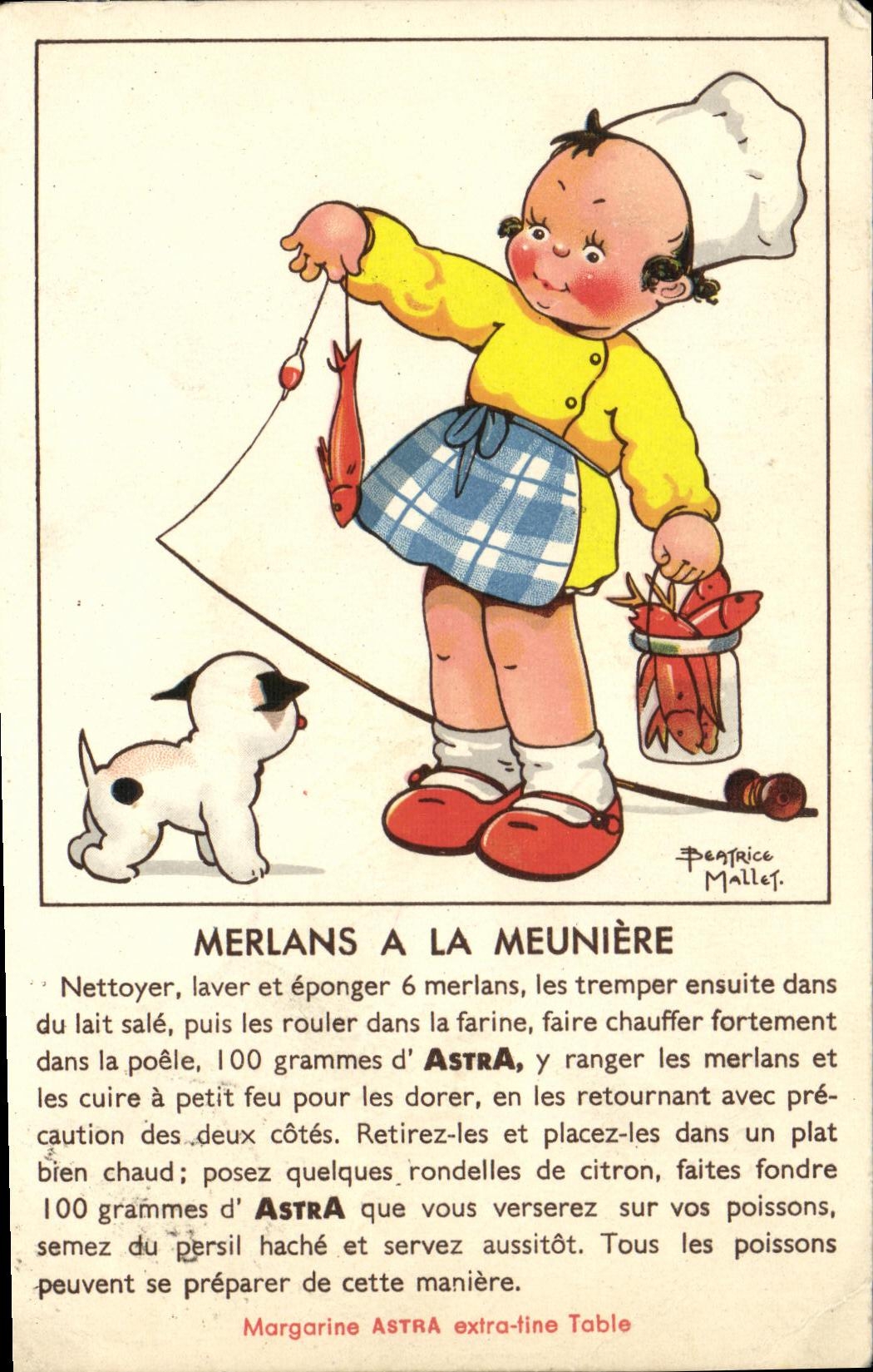 CPA Merlans a la meuniere enfant Chien Poissons Beatrice Mallet publicite Margarine Astra